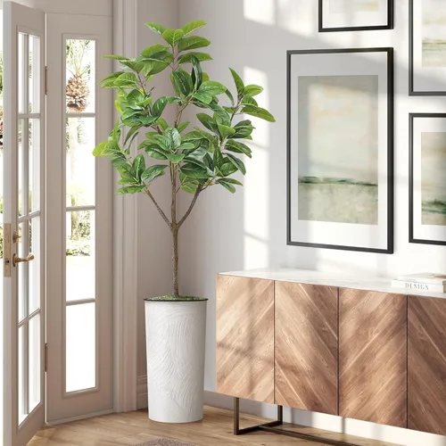 Vista 14 de Árbol artificial en macetero con efecto de mármol blanco, Ficus Lyrata falso de seda para decoración del hogar en interiores y exteriores, altura