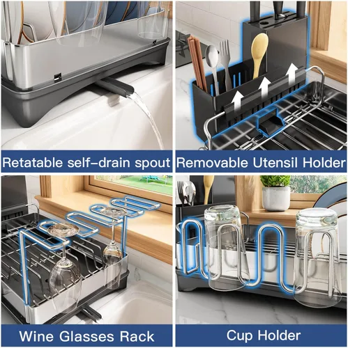 Vista 4 de Escurridor de platos, escurridor grande de acero inoxidable, para encimera de cocina con escurridor, escurridores compactos con soporte
