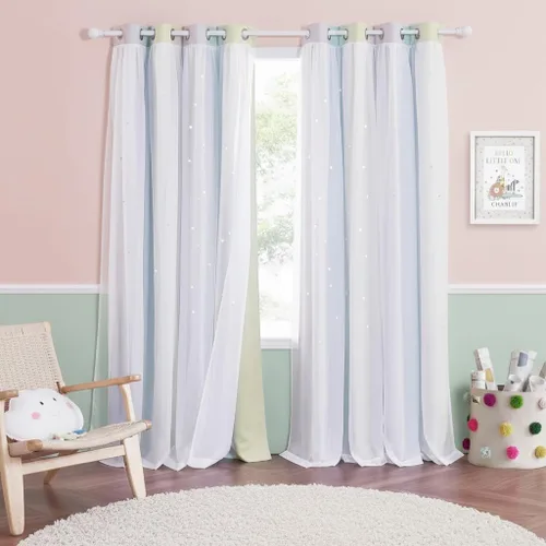 Vista 24 de NICETOWN Cortinas opacas con recortes de estrellas para dormitorio, 2 paneles, diseño mixto de 2 capas de tela y tul, cortina de ventana para niños