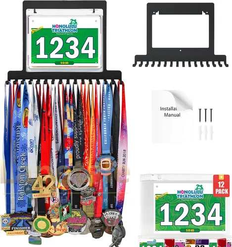 Colgador de medallas para carreras, exhibición de medallas de maratón y colgador de medallas para corredores, exhibición de medallas con dorsal para