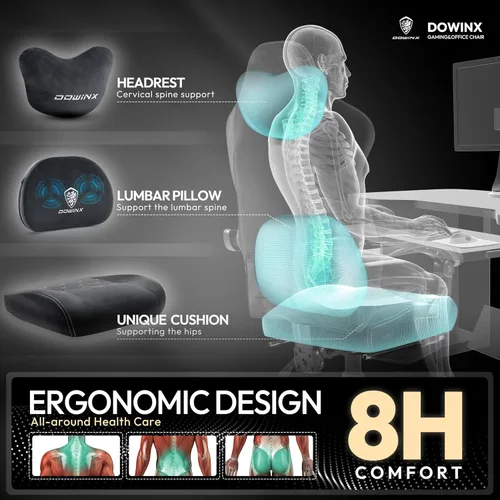 Vista 6 de Dowinx Silla de juegos de tela con soporte lumbar de masaje térmico, sillas de juego para adultos, silla de juego grande y alta con cojín de resorte