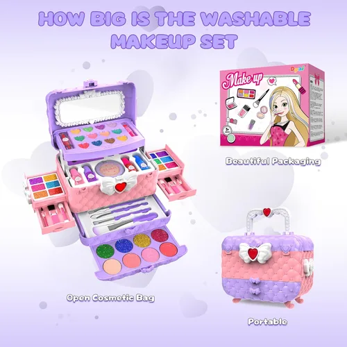 Vista 4 de 54 piezas de kit de maquillaje para niñas, juego de cosméticos lavables de princesas, juguetes de simulación con espejo, regalos de cumpleaños