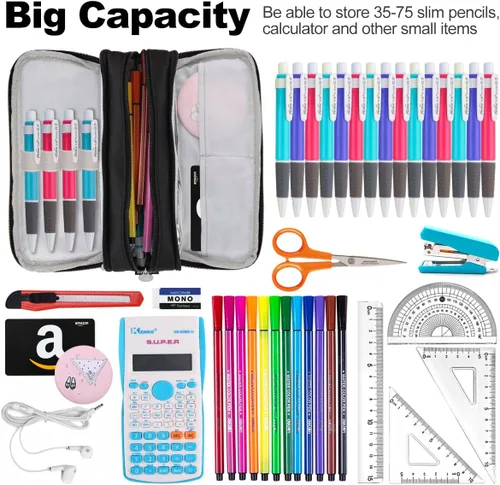 Vista 2 de Chelory Estuche para lápices de gran capacidad, bolsa de almacenamiento grande, bolsa de lápices de 3 compartimentos para papelería, estuche