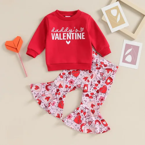 Vista 3 de Conjunto de San Valentín para bebé, niña, sudadera con cuello redondo para papá, pantalones acampanados, ropa de San Valentín