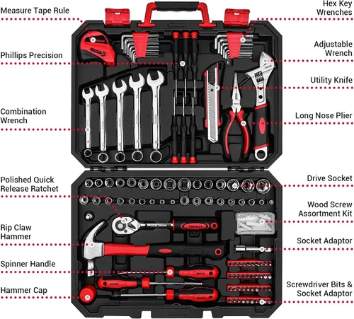 Vista 2 de DEKOPRO - Juego de herramientas de 158 piezas para el hogar, juego de herramientas de reparación básica para el hogar, viene con estuche de Rojo
