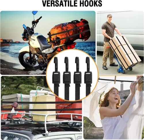 Vista 6 de Cuerdas Elásticas con Ganchos de Alta Resistencia, Cuerdas Elásticas Planas Ajustables con Ganchos de 32 Pulgadas, Correas Elásticas de Goma Negras