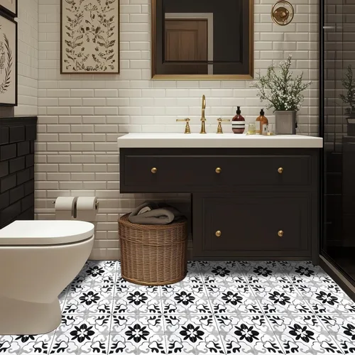 Vista 4 de HOMETITUTE 10 piezas 30x30 cm Negro Blanco Vintage Floral Texturizado Piso Plano Adhesivo de Suelo Desmontable Autoadhesivo DIY Vinilo Adhesivos