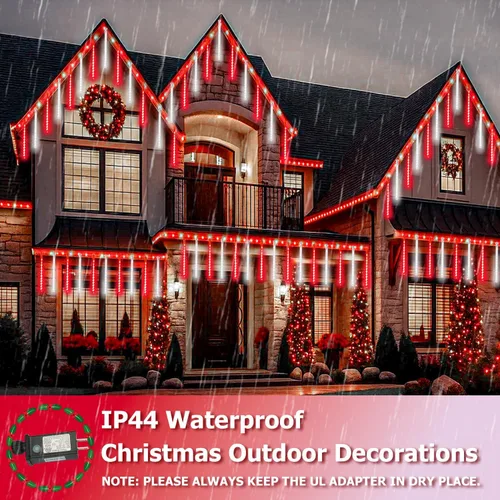 Vista 4 de SANJICHA Paquete de 2 luces de Navidad extensibles de lluvia de meteoritos al aire libre, 16 tubos 384 LED enchufables para decoraciones de Navidad