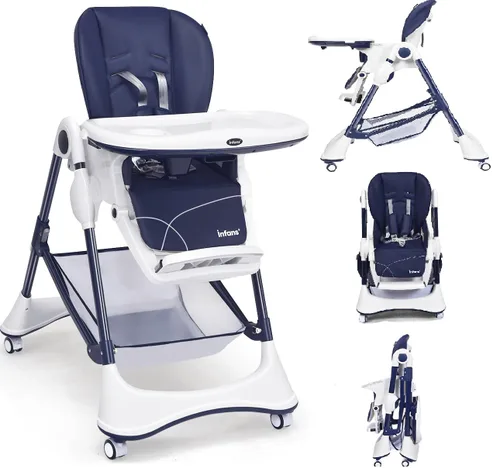 Vista 10 de INFANS Silla alta con bandeja extraíble con una sola mano, 4 ruedas bloqueables y cesta de almacenamiento grande, altura multiajustable, reclinable