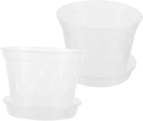 GALPADA 2 juegos de macetas transparentes transpirables para orquídeas con platillos, macetas ranuradas de plástico transparente para orquídeas y