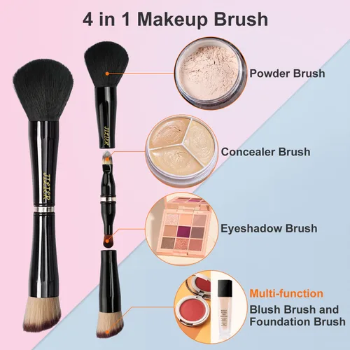 Vista 2 de Jilier Brochas de Maquillaje de Viaje con Estuche, Juego de Brochas de Maquillaje 4 en 1, Brocha para Polvo, Brocha para Base/Rubor, Brocha
