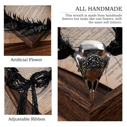 Vista 5 de MOSTORY Corona gótica de plumas negras, diadema de bruja de elfo y cuervo, círculo de hadas para disfraz de bruja, Renfaire, Halloween, cosplay