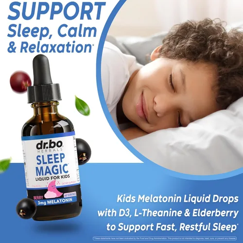 Vista 3 de Liquid Melatonin Kids Sleep Aid - Sleep Magic Kids Melatonin Liquid 3mg Berry Drops, D3, L Theanine - Children's Sleeping Aids, Natural Calm