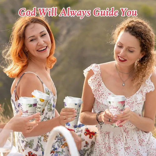 Vista 7 de Dandat 50 tazas de café desechables cristianas con tapas, tazas de papel de 16 onzas con texto en inglés "Floral Tea Scripture" a granel, vasos