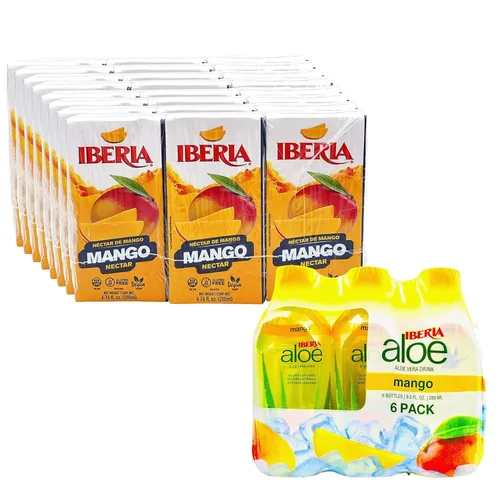 Iberia Néctar de mango, 6.8 onzas líquidas (paquete de 24) + bebida de aloe vera Iberia con pulpa, 9.5 onzas líquidas, mango (paquete de 6)