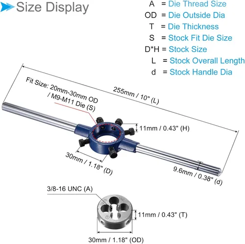 Vista 2 de Juego de mangos de troquel, 3/8-16 UNC rosca y ajuste 0.787 in-1.181 in OD / M9-M11 Kit de herramientas