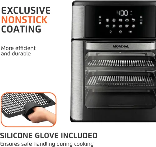 Vista 4 de Horno freidora de aire 1800W, capacidad de 12.7 cuartos de galón, panel de pantalla táctil, apagado automático - negro y acero inoxidable - Mondial
