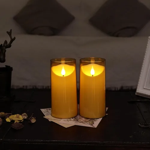 Vista 4 de NURADA Velas sin llama con control remoto y temporizador: juego de 2 velas LED acrílicas con mecha 3D que funcionan con pilas, velas falsas