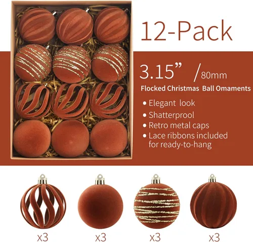 Vista 2 de Juego de 12 adornos de Navidad, bolas de terciopelo flocado de 3.15 pulgadas con diseños pintados a mano, elegantes decoraciones marrones para árbol