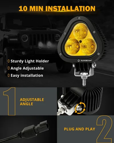 Vista 6 de Auxbeam Luces LED ámbar todoterreno de 4 pulgadas, 2 luces antiniebla amarillas de 70 W, luces antiniebla de conducción ámbar con arnés de cableado