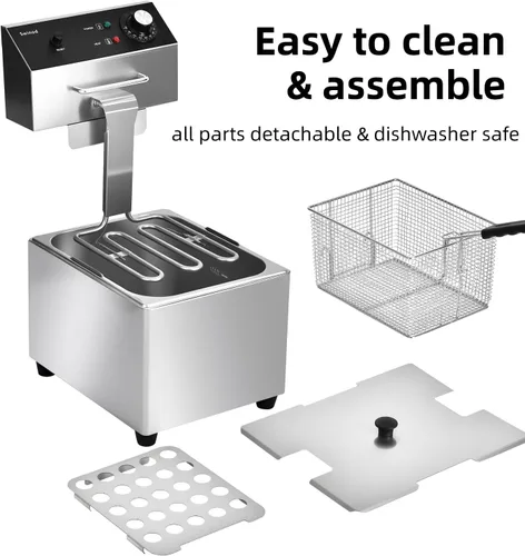 Vista 5 de Freidora comercial con canasta, 1700 W, 14 cuartos de galón, 0.024 in de grosor, freidora eléctrica de acero inoxidable para uso doméstico