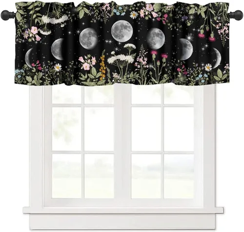 Vista 37 de Cenefa Floral Boho, Cenefa de Flores Mandala Bohemia con Hojas Tropicales, Cenefa de Bolsillo para Barra, Cenefa Oscura para Ventana para Sala