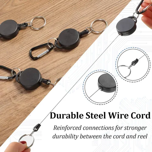Vista 4 de Llavero retráctil resistente con clip de carrete de identificación con cuerda de nailon y hebilla de metal para llevar llaves, color negro