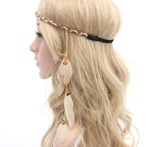 Numblartd - Diadema para el pelo con plumas estilo bohemio hippie – India, vintage, elástica, accesorios para el cabello, tocado para mujer (beige)