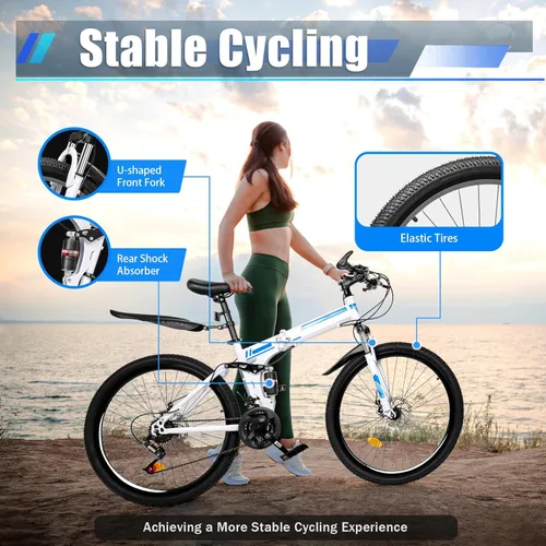Vista 7 de Bicicleta de ciudad plegable de 26 pulgadas, bicicleta plegable de 21 velocidades para adultos, bicicleta de campamento, bicicleta plegable