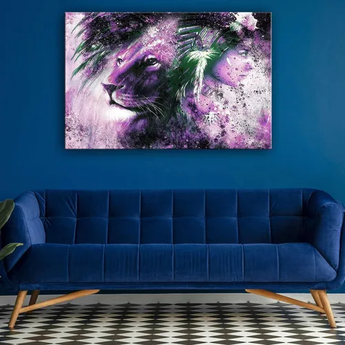 Vista 7 de Startonight Lienzo decorativo para pared, diseño de león morado y mujer, con marco de 32 x 48 pulgadas