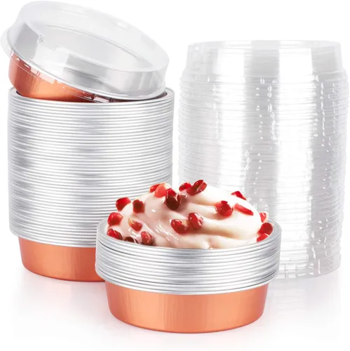 Vista 64 de Beasea Paquete de 20 Moldes para Cheesecake con Tapas, 8 Oz, 4 Pulgadas Moldes Redondos de Papel de Aluminio para Tartas, Contenedor para Muffins