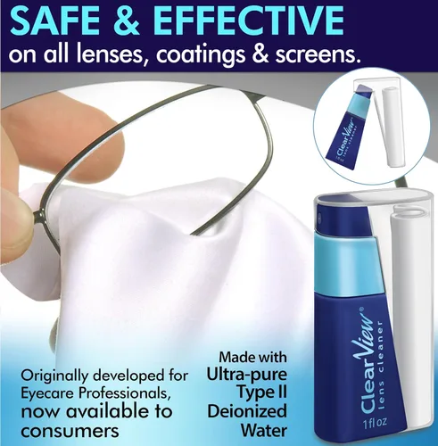 Vista 3 de Kit portátil de limpieza de lentes Clear View – Tamaño de viaje con solución de limpieza premium, spray recargable + paño de microfibra, seguro