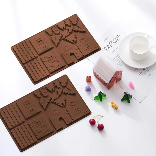 Vista 4 de Whaline Christams - Bandeja para hornear de casa de jengibre, moldes de silicona para postres, chocolate, dulces, galletas (2 piezas)