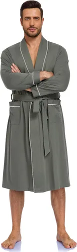 Vista 2 de COLORFULLEAF Bata de baño para hombre, 100% algodón, ligera, larga, ropa de dormir de punto suave, bata de spa con bolsillos Verde militar