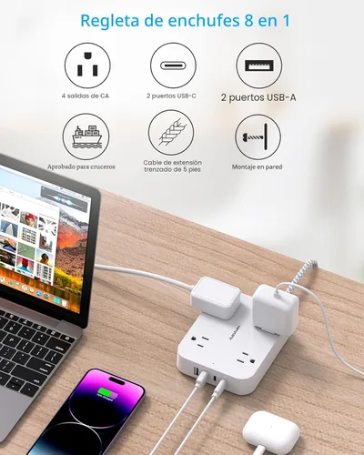 Vista 6 de Cable de Extensión con Enchufe Plano, HANYCONY Regleta de 5 pies con 4 Puertos USB (2 USB C), Extensor de 4 Tomas Amplias, Montaje en Pared
