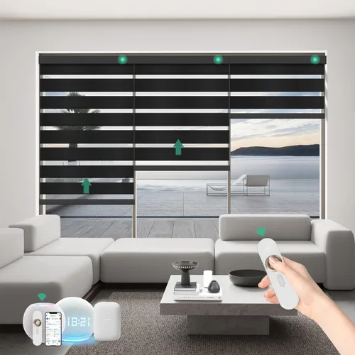 Vista 10 de Persianas motorizadas de cebra con control remoto, funcionan con HomeKit Alexa, cortinas eléctricas automáticas para ventanas, 60% opacas, filtro