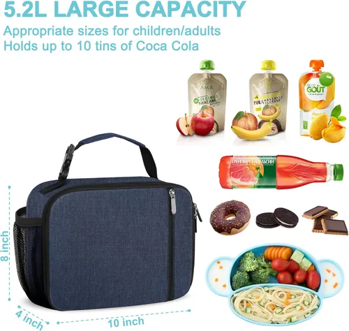 Vista 2 de esouler Lonchera Infantil Bolsa de Almuerzo Aislada para Niños y Niñas Resistente Lonchera para Escuela con Soporte para Botella de Agua - Azul