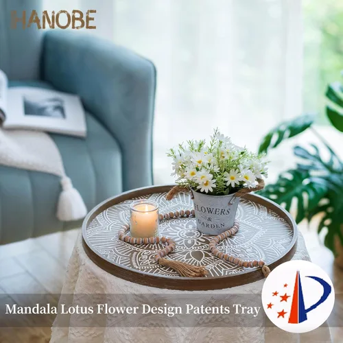 Vista 2 de Hanobe - Gran Bandeja Redonda Decorativa: Centro de Mesa Boho para Café, Bandejas para Mesa de Café para Decoración del Hogar - Estilo Granja Rusti