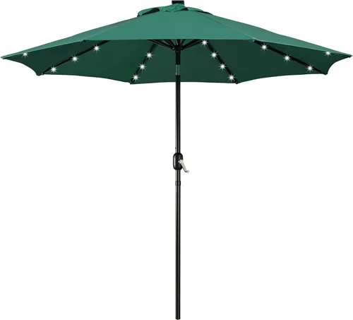 Vista 13 de Yaheetech Sombrilla solar de 9 pies para patio, sombrilla de mercado para mesa al aire libre con 8 varillas y 32 luces LED, inclinación, manivela
