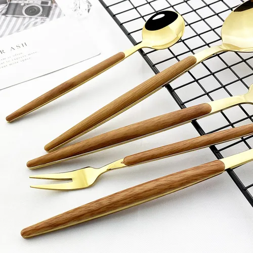Vista 5 de JASHII Juego de cubiertos de madera de acero inoxidable de 20 piezas, mango de madera, cuchillo tenedor, cuchara, utensilios de cocina para 4