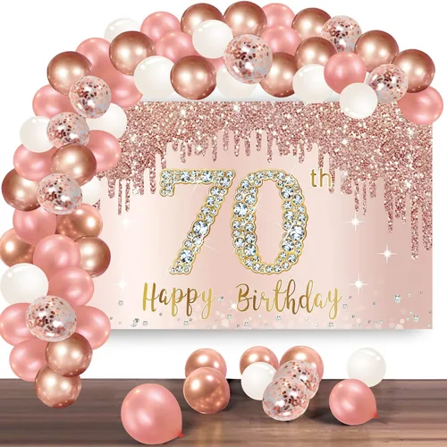 Vista 8 de Cartel de feliz cumpleaños 13 con arco de guirnalda de globos de confeti, juego de globos de oro rosa para niñas, póster de cumpleaños rosa de 13