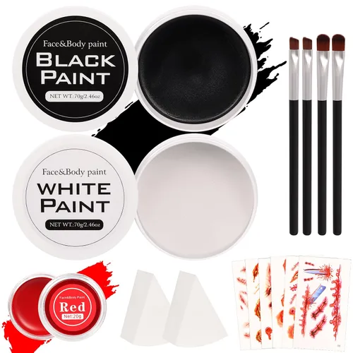Kit de maquillaje de Halloween para adultos y niños, pintura facial negra, blanca, roja, para esqueleto zombi, maquillaje de payaso con 4 pinceles