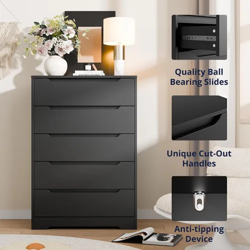 Vista 6 de Cozy Castle - Cómoda de 5 cajones, cómoda moderna de madera con gran organizador, gabinete de almacenamiento con acento de madera para sala de Negro