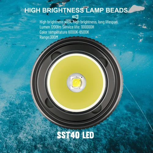 Vista 6 de Linterna de buceo de 10000 lúmenes, luz de buceo IPX8, impermeable, recargable, 3 modos, linterna submarina, linterna LED submarina profesional