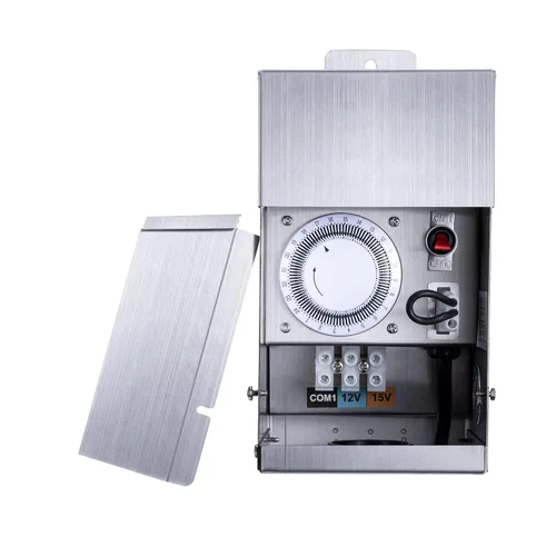 Gardenreet Transformador de bajo voltaje de 75 W con temporizador mecánico, multigrifo (120 V CA a 12 V/15 V CA) de acero inoxidable para