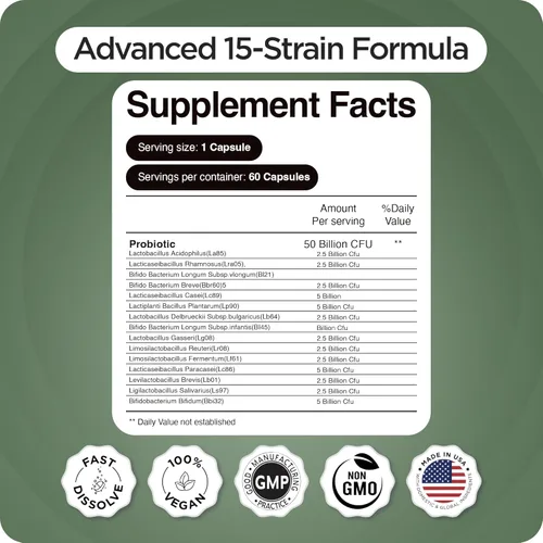 Vista 6 de Probióticos 50 mil millones de UFC, fórmula estable de 15 cepas con tecnología de liberación dirigida, salud digestiva y apoyo inmunológico