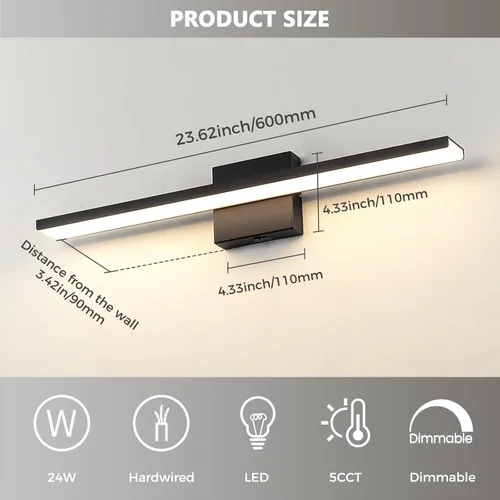 Vista 5 de JUSHENG Luces de Tocador Negras para Baño 5CCT Regulables Accesorios de Luces de Tocador para Baño Luz LED de Tocador Barra de Luz de Tocador 24