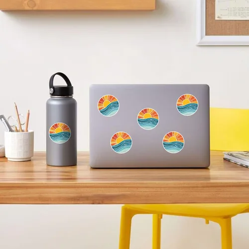 Vista 5 de 3 calcomanías con diseño de olas del océano, calcomanías estéticas retro de vinilo de sol y mar, calcomanías impermeables para laptop, botella