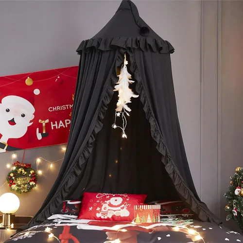 Vista 17 de VETHIN Toldo de cama para niños con luces, doble capa de cúpula redonda de princesa para niños, mosquitera de ensueño, habitación de niñas