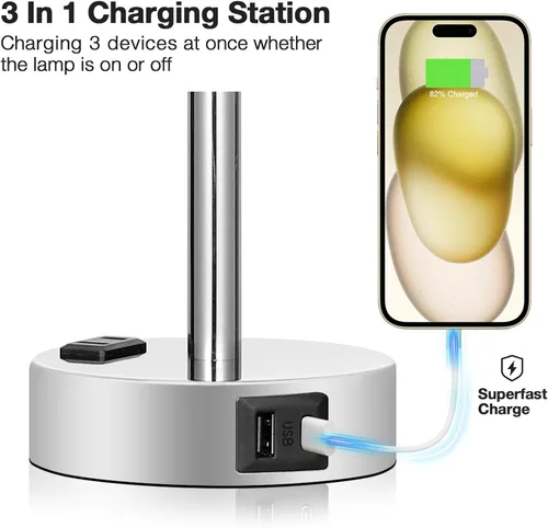 Vista 3 de Fenmzee - Lámpara rosa para mesita de noche de dormitorio - Lámpara de mesa táctil regulable de 3 vías con puertos de carga USB tipo C, lámpara